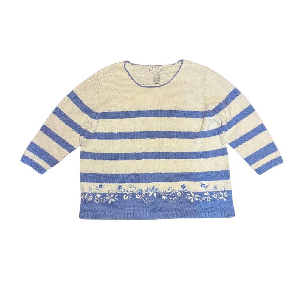 Cricket Lane Collection Vintage 90's Blue and White Striped Floral Embroidered